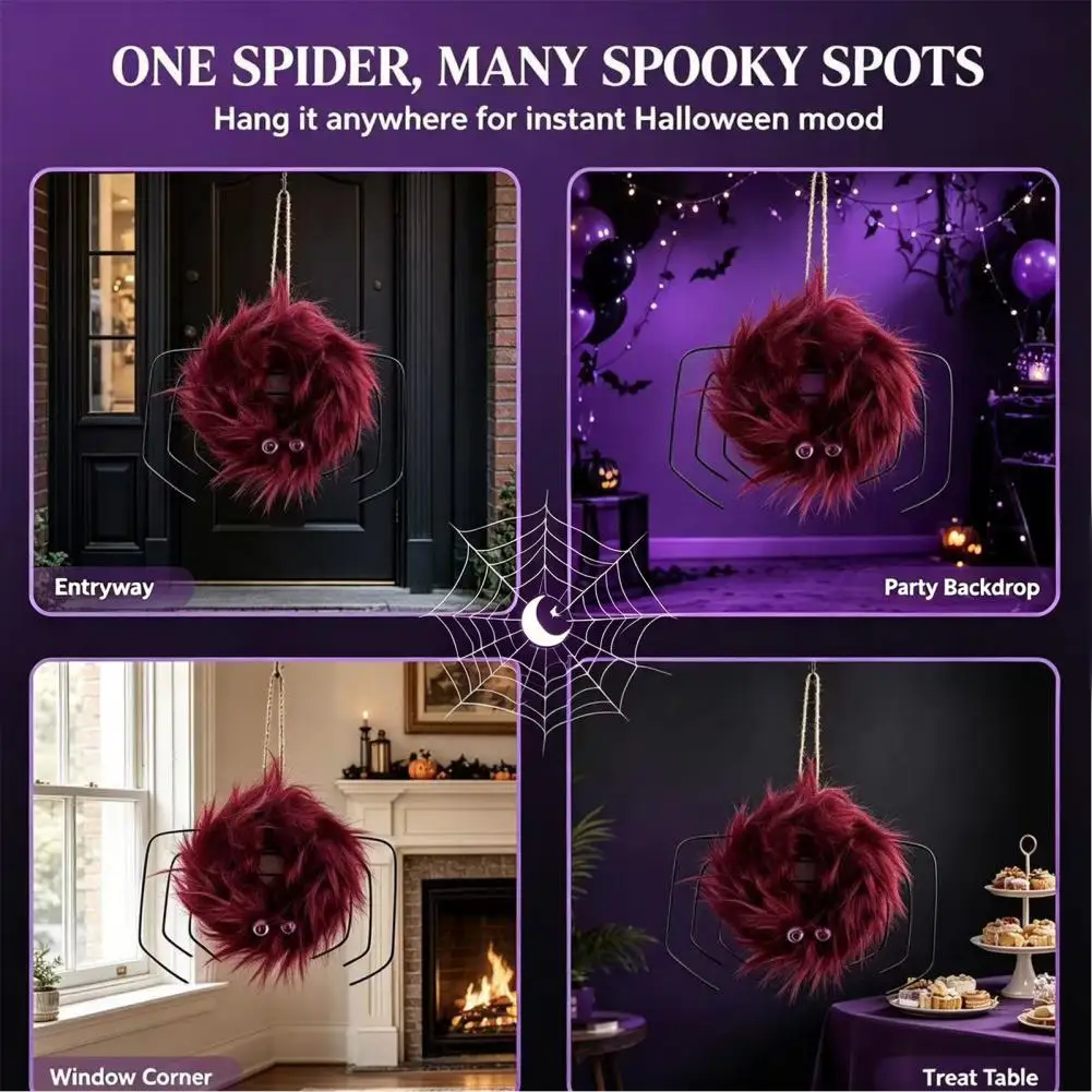 Halloween Wreath for Front Door Outdoor Halloween Decorations Halloween Fluffy Spider Wreath for Front Door Cute Furry Pom Pom
