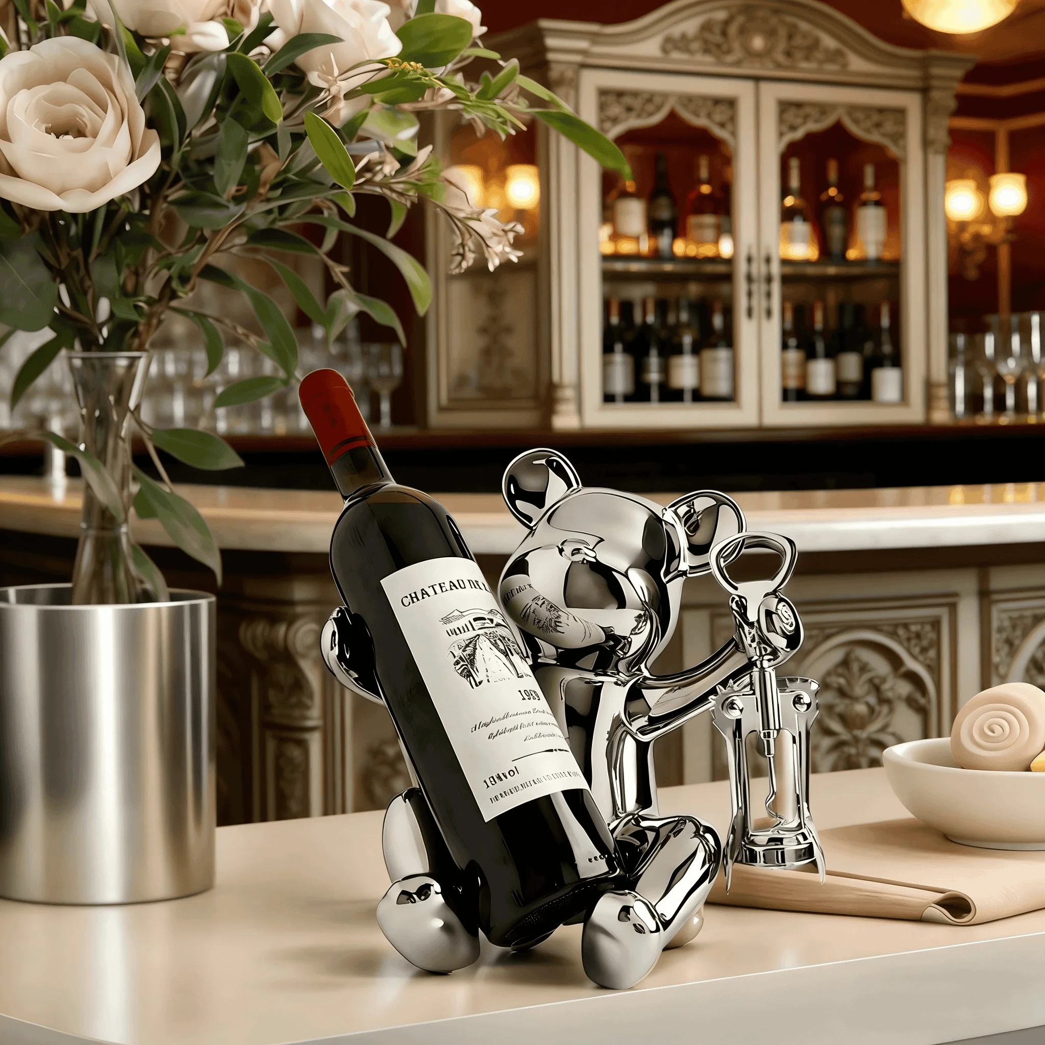 Electroplated Bear Ceramic Wine Rack with Bottle Opener, suitable for living room, bar and kitchen storage and organization.
