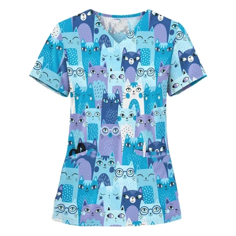 Women's Cartoon Cat Print Medical ApparelVCollar Short SleeveTShirt with pockets nurse uniform workwear top