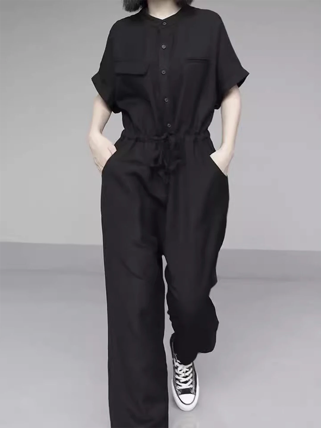 Black Workwear Short Sleeve Jumpsuit Women Summer Thin Loose Waist Cinching Slimming Casual Straight Leg Wide Leg Pants
