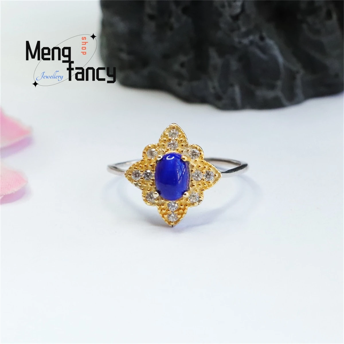 

Natural S925 Silver Inlaid Lapis Lazuli Egg Face Starlight Ring Simple Generous Personality Fashion Exquisite Women Fine Jewelry