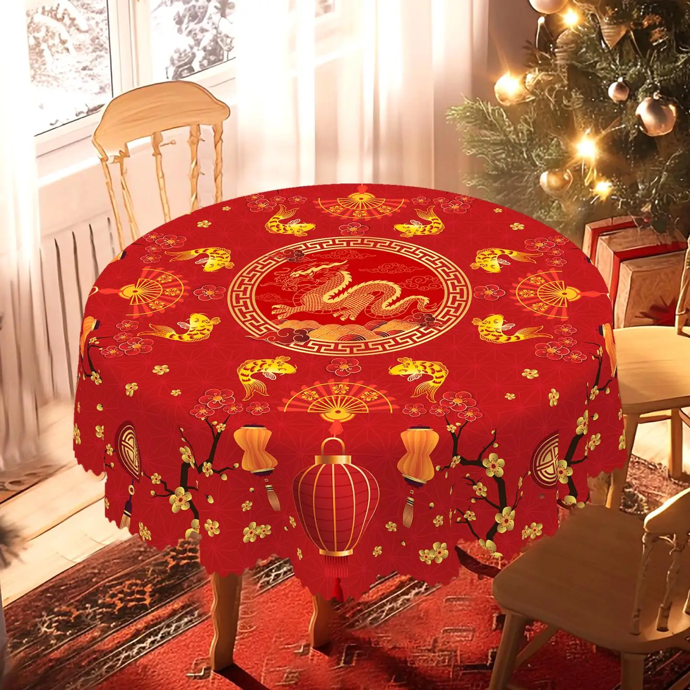 1 Piece of Spring Festival Tablecloth, Available in 5 Sizes, Dragon Totem, Plum Blossom, and Koi Fish Pattern Printed Tablecloth, Embossed Edge
