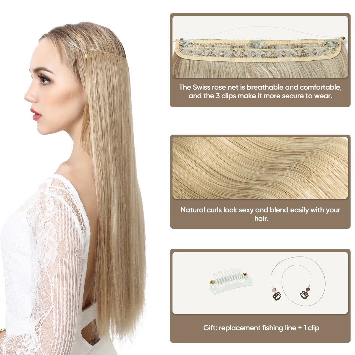 Synthetic Hair Extension Premium Natural Daily Use Invisible Wire With Clips Hair Pieces  Fake  Straight Hairpiece For Women