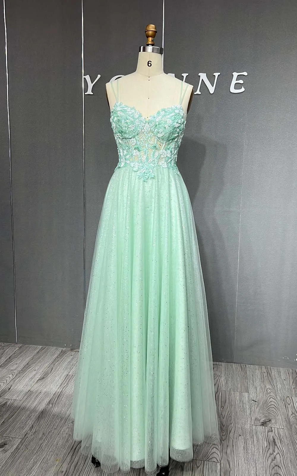 YQLNNE Sweet Blue Spaghetti Beading Long Prom Dresses Embroidered Tulle Lace-up Back Formal Women Party Gown