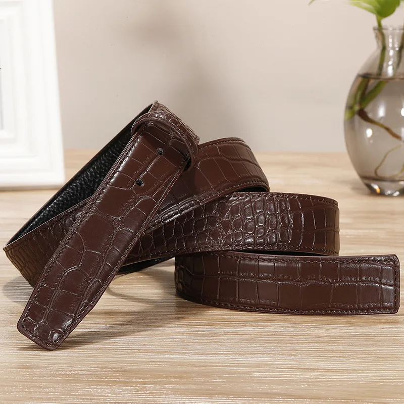 3.5cm Headless Pattern Cattle Leather Belt  Headless Buckle Pin Buckle Men\'s Belt Strap