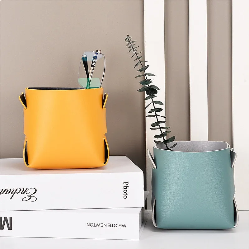 Premium Leather Organizer for Keys, Cosmetics, Headphones, Remote - Desk Catchall Entryway Basket