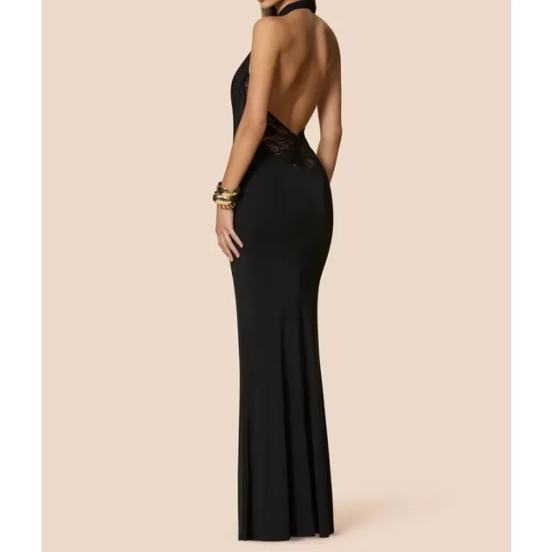 Halter Lace V Neck Sexy Maxi Dress Women Gown Elegant Lace Sheer Off-shoulder Backless Bodycon Club Party Long Dresses