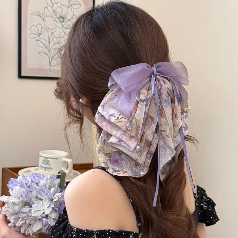 Bestseller Süße Blumen-Schleife Perlen-Haarspange Damen Französische Elegante Haarklammern Haifischklammer
