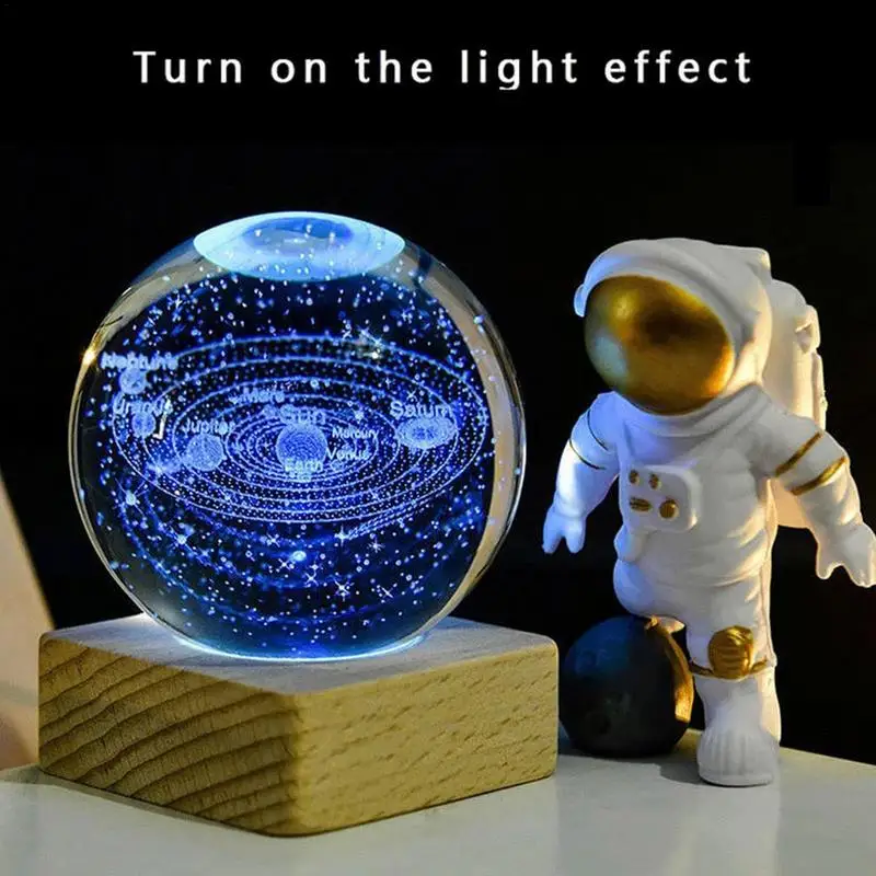 Solar System Crystal Ball Nightlight Decor Lamp with Wooden Base Planet Model Science Astronomy Learning Toys Educational Gift f