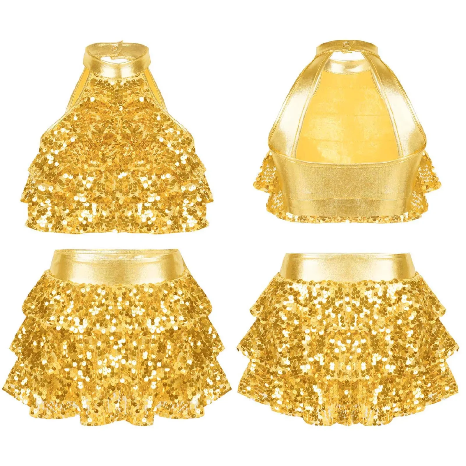 

Girls Sleeveless Jazz Dance Outfit Cha-cha Latin Tango Dance Costume Sequins Tiered Crop Top with Skirt Party Performance Set