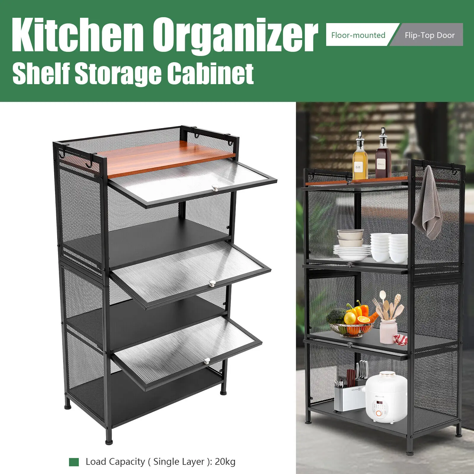 4 Tier Steel Kitchen Pantry Storage Cabinet, Pantry Cabinet with Folding Door, Home Freestanding Storage Hutch Cabinet