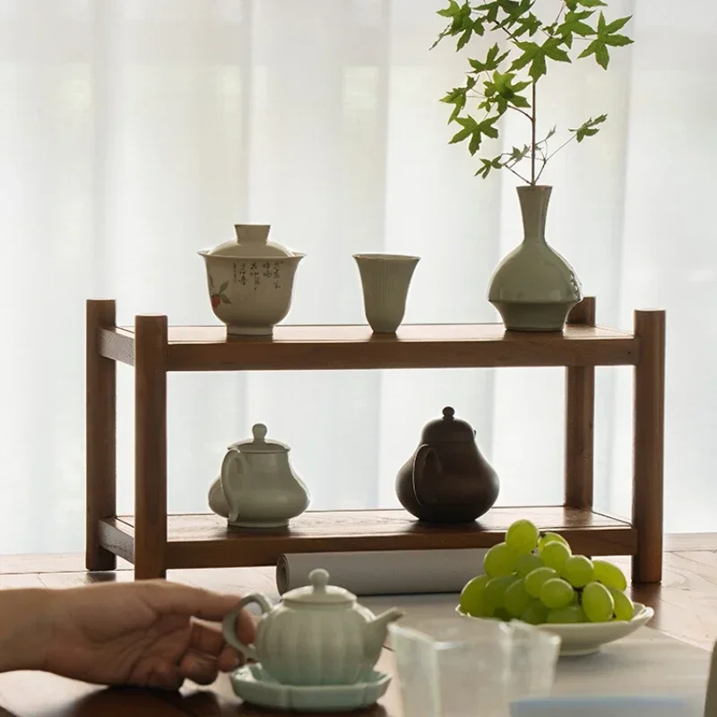 Porte-gobelet en bois massif japonais, rangement de bureau pour salon de thé, structure à 2 couches, rangement pour service à thé, présentoir de scène polyvalent, T1