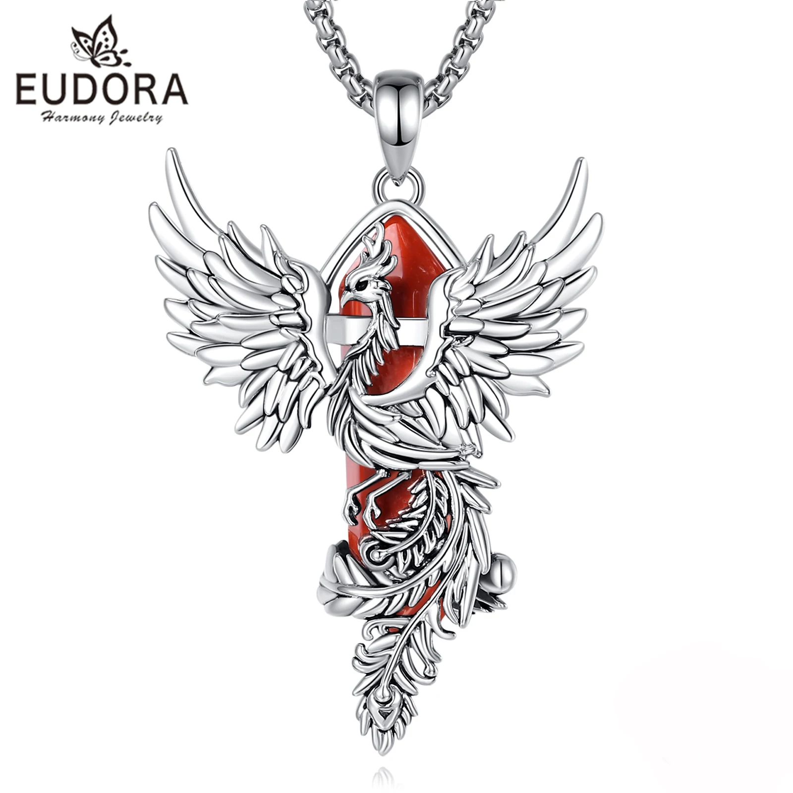 Eudora Phoenix Twining Hexagonal Prismatic Redstone Necklace Punk Healing Stone Pendant Personality Jewelry for Women Man Gift