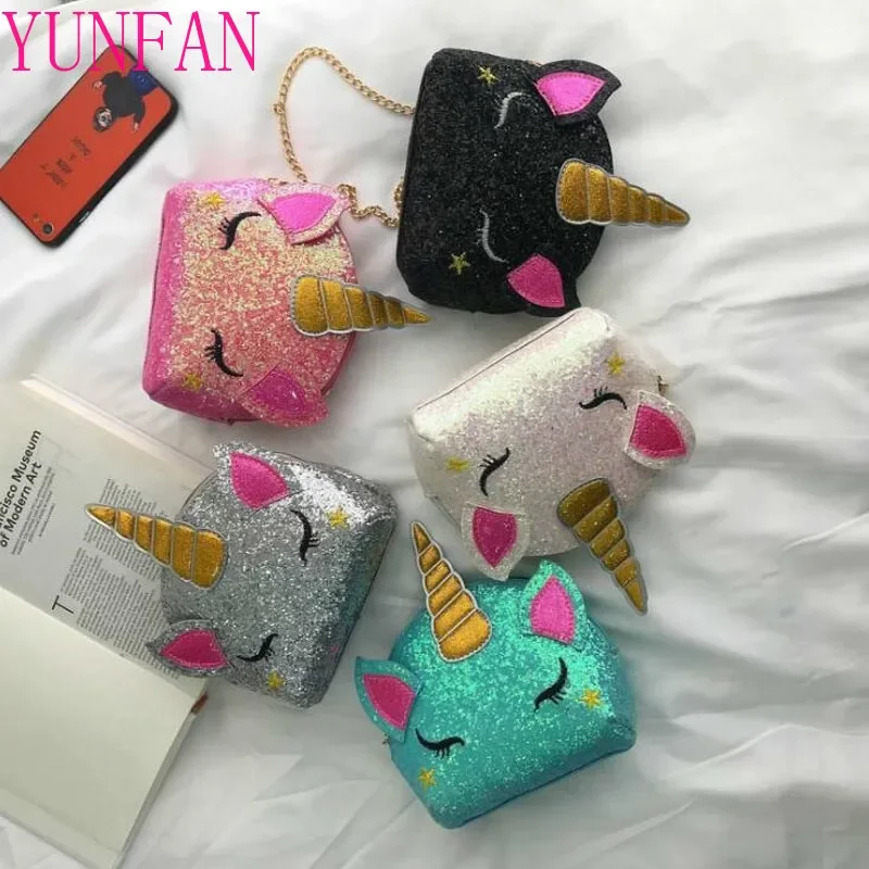 Fashion Unicorn Bag for Girls Travel Women Cartoon Printing Shoulder Bags Sequins Leather Wallet Clutch Crossbody Bolsa Mini