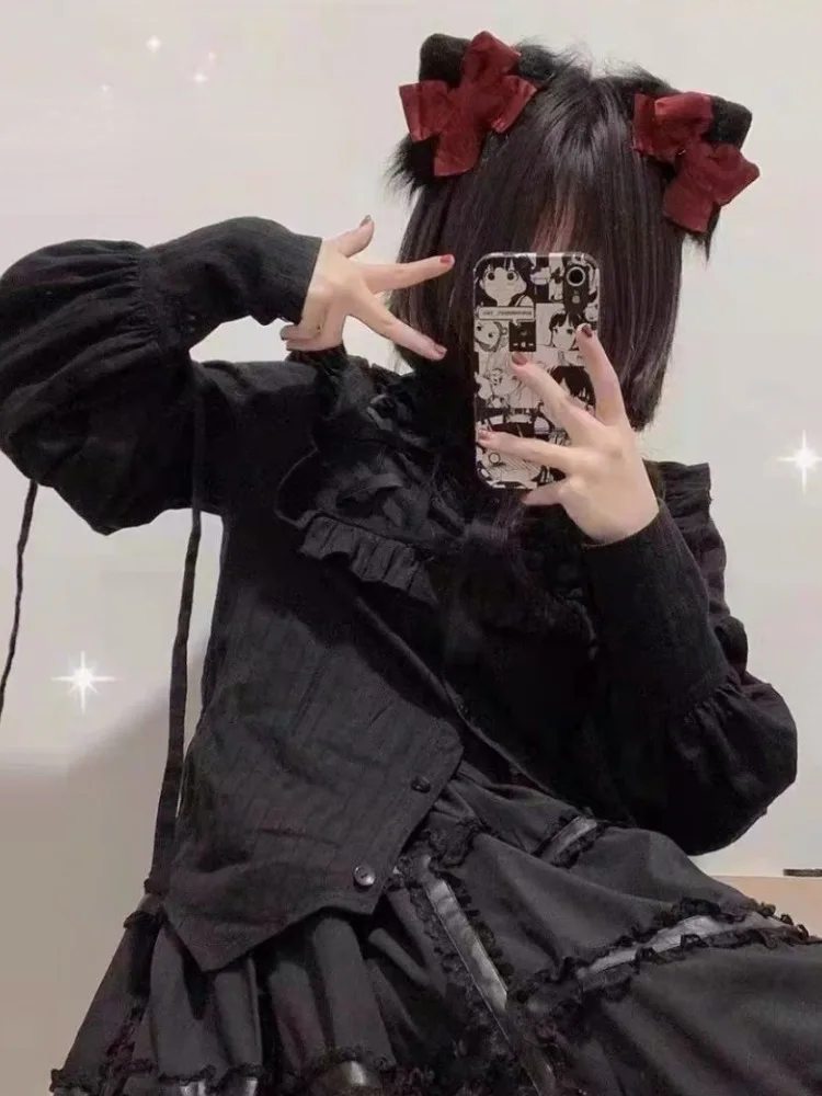 2024 Vintage Black Loose Y2k Aesthetic Shirt Women Streetwear Bandage Bow Grunge Blouse Harajuku Oversized Blusas Camisas Mujer