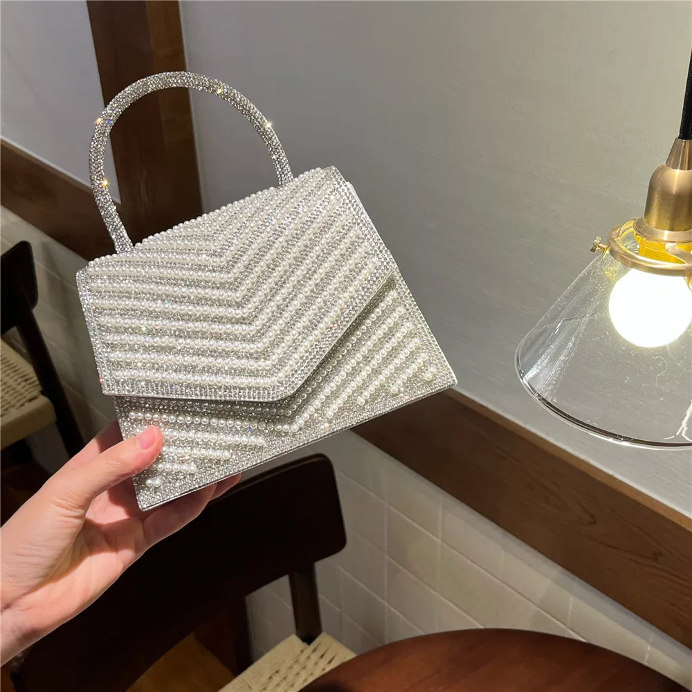 

Women's Handbag Pearl Beaded Fashion Square Bag Glitter Shiny Diamonds Evening Bag Wedding Party Clutch Purse Crossbody Bag