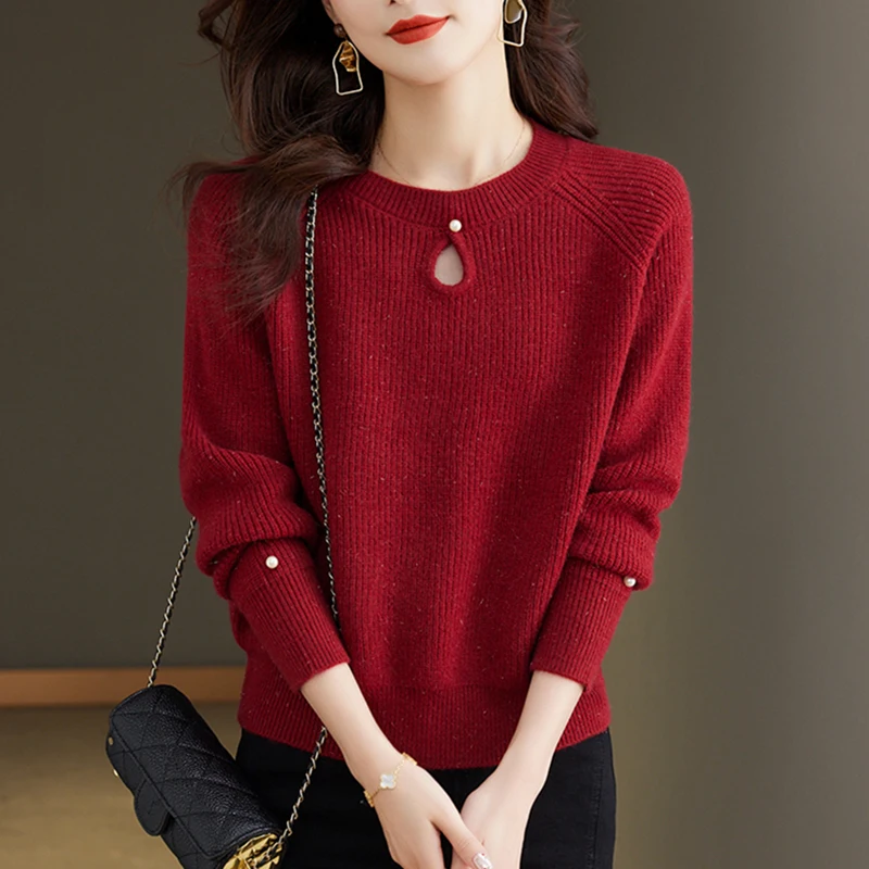 

Autumn Winter Elegant Long Sleeve Knitted Tops Women Korean Fashion Clothes Hollow Out Red Sweater Pullover