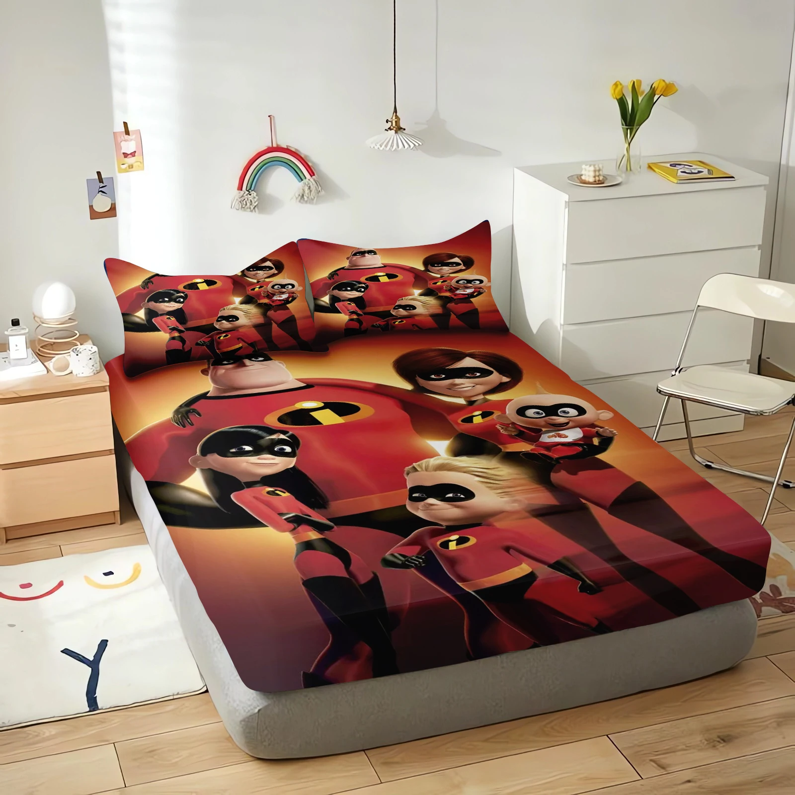 

The Incredibles Cartoon Fitted Sheet Coverage Sheets Cover, Teenager with Elastic, Cute Digital Printing Bedding