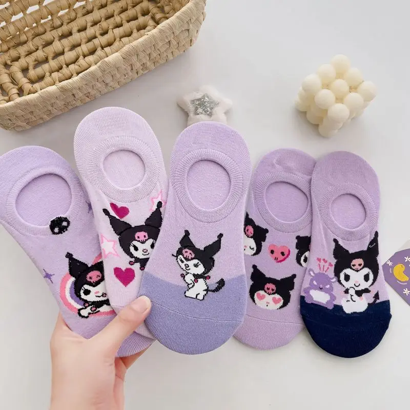 

5 Pairs Cute Sanrio Kuromi Purple Cartoon Cardboard Boat Socks Cotton Soft Breathable Harajuku Kids Women's Gilrs Short Socks