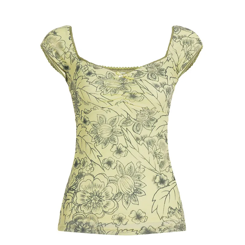 Vêtements pour femmes européennes et américaines ins en ligne célébrité rue dentelle brillante couture maille taille T-shirt à manches courtes