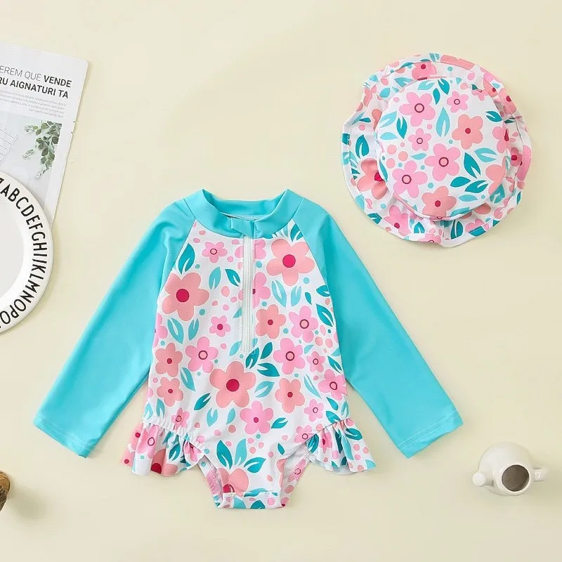 New Girls One-piece Swimsuit Kids Cute Floral Print Sun-protective Long Sleeve Quick-Dry Triangle Swimwear Baby Bathing Suit