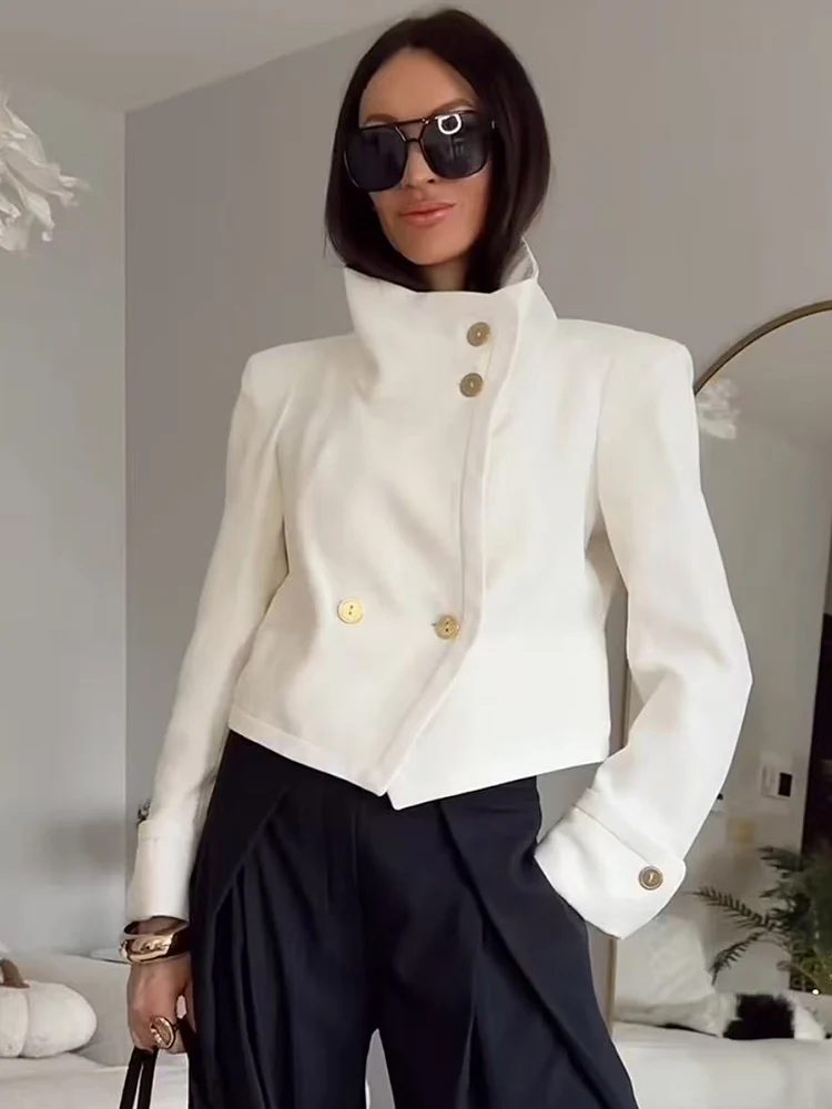 Nouvelle veste décontractée pour femme à col montant, manches longues, boutonnée, couleur unie, styl