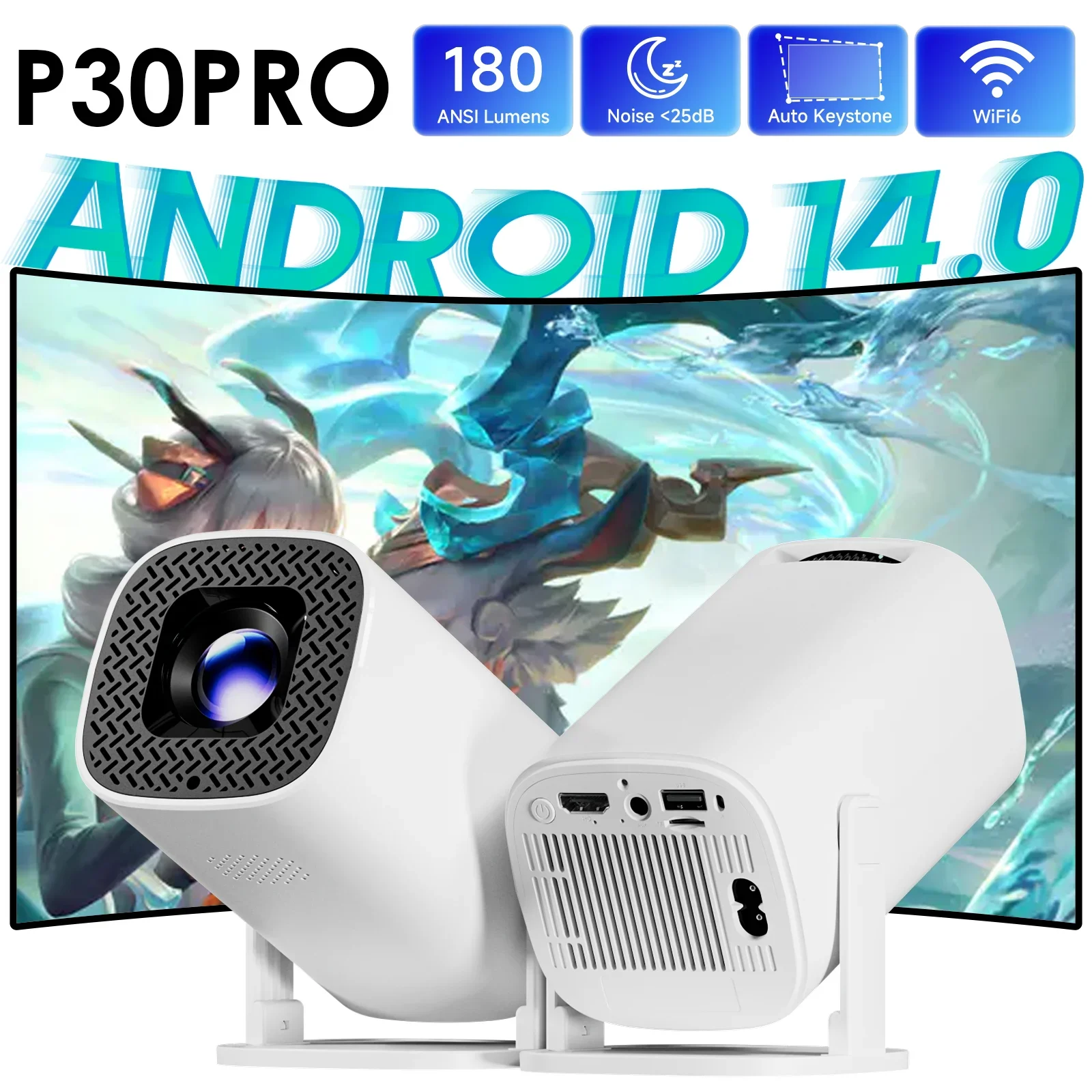 

Портативный мини-проектор P30 Pro Smart на Android 14 с WiFi6 и BT 5.0, 4K, 1280x720P, для домашнего кинотеатра и улицы