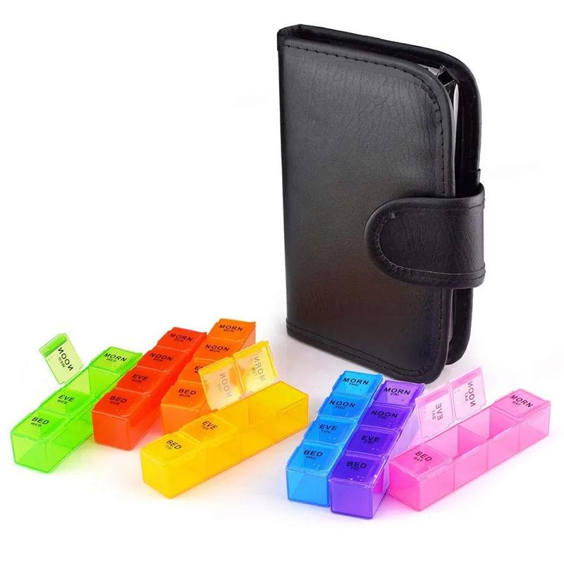 New 7 Days Pill Organizer 28 Grids PU Leather Wallet Box Portable Weekly Medicine Travel Case Pill Organizer Container