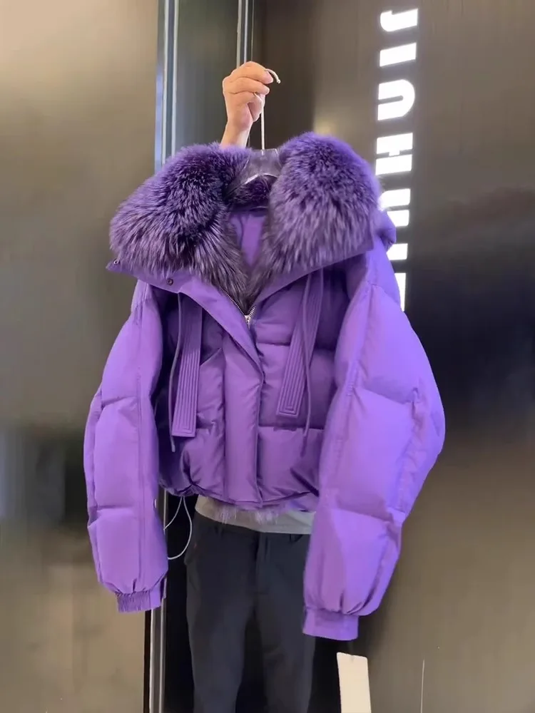  ort Purple down Jaet Women's Winter New Sle Real Fur Collar 90% White Du down Filling Straight Cut Commute S...