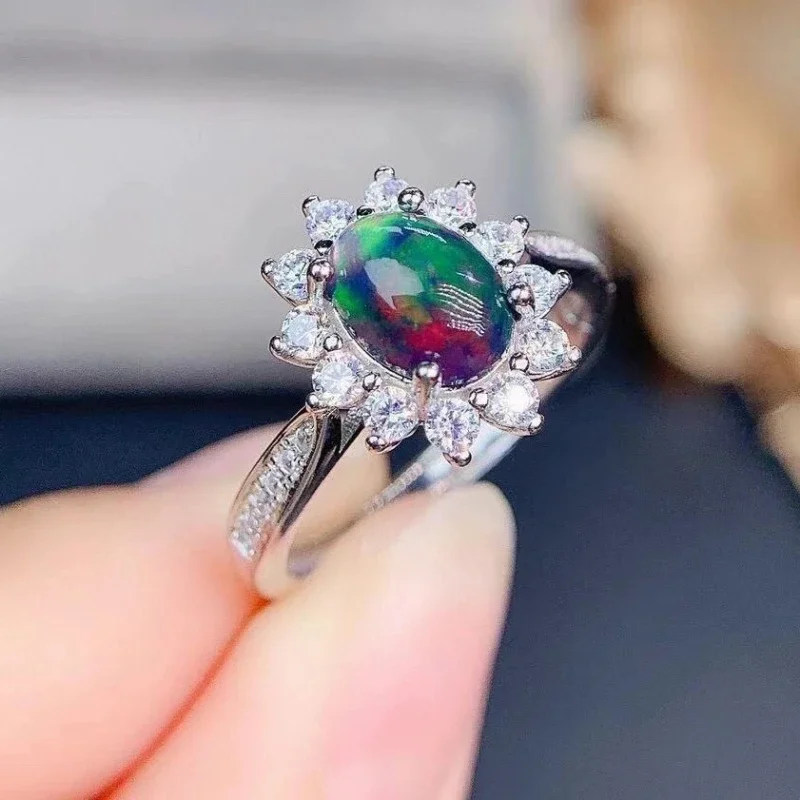 Black Natural Opal Gemstone Fashion Sunflower Ring Women's Genuine Sterling Silver Charm Exquisite Wedding Jewelry