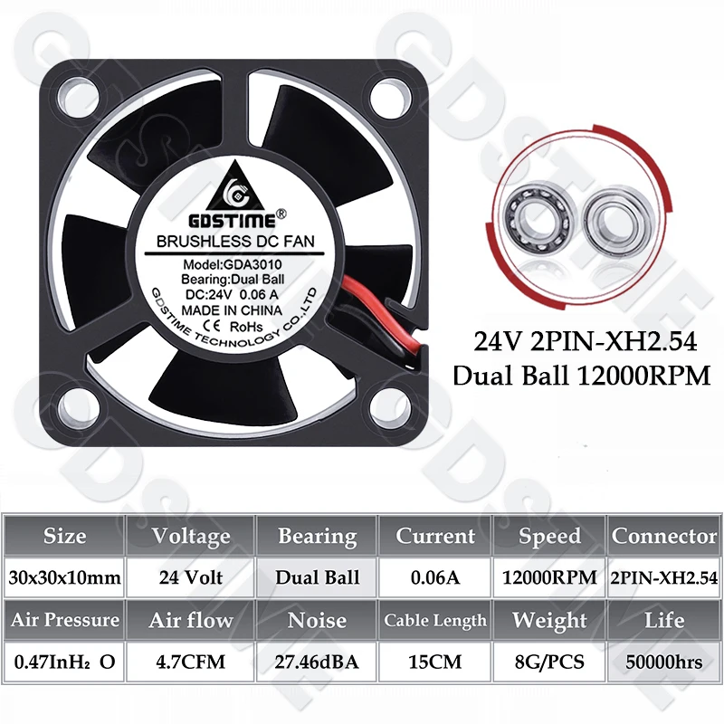 GDSTIME 3010 Lüfter 24V Kugellager Bürstenloser Lüfter 30x10MM 12V 5V Kühllüfter 30MM Mikrolüfter für Autolampe, 3D-Drucker-Kühlung