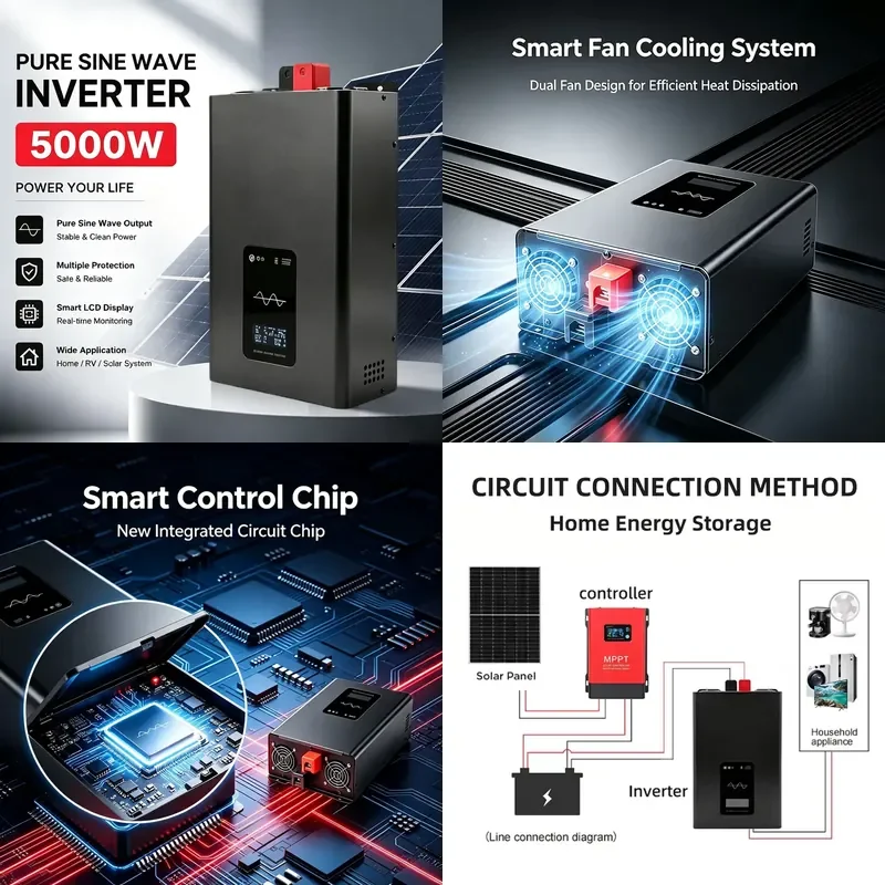 5000W Off Grid Pure Sine Wave Inverter 12V 24V 48V 60V 72V to 110V 220V AC Output Peak 10000W for Family RV Systems