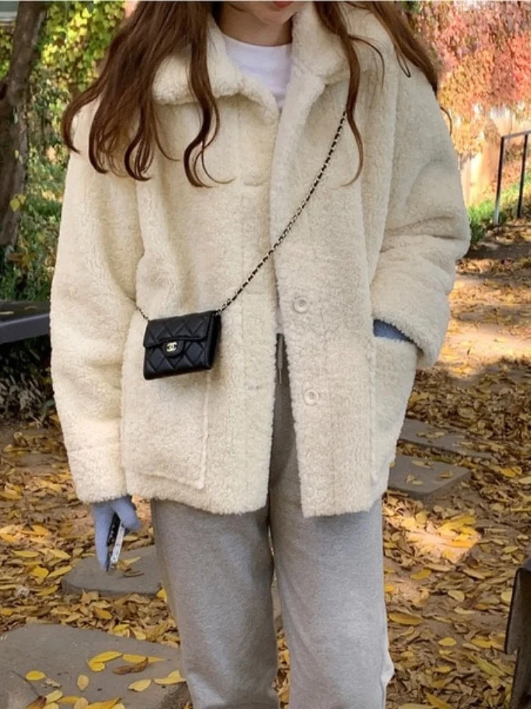سترة نسائية من فرو الخروف بياقة كلاسيكية، موديل جديد لخريف 2025، معطف قصير دافئ وأنيق مناسب للمدرسة والشارع والتنقل