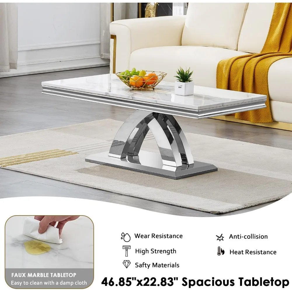 3 Pieces Coffee Table Set, Faux Marble Living Room Table Set of 3, Modern Coffee Table and 2 End Tables with X-Shaped Stainless