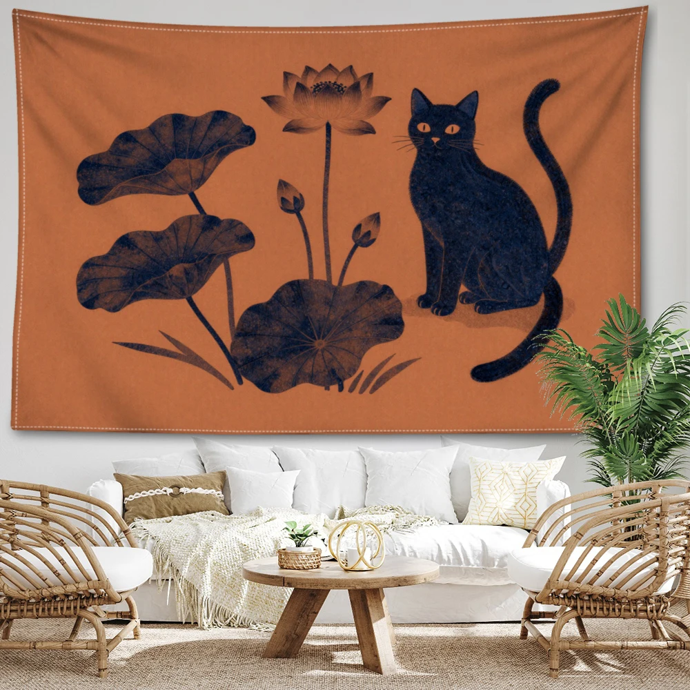 Orange Black Cat Sitting Lotus Wall Tapestry, Mystic Boho Home Decor
