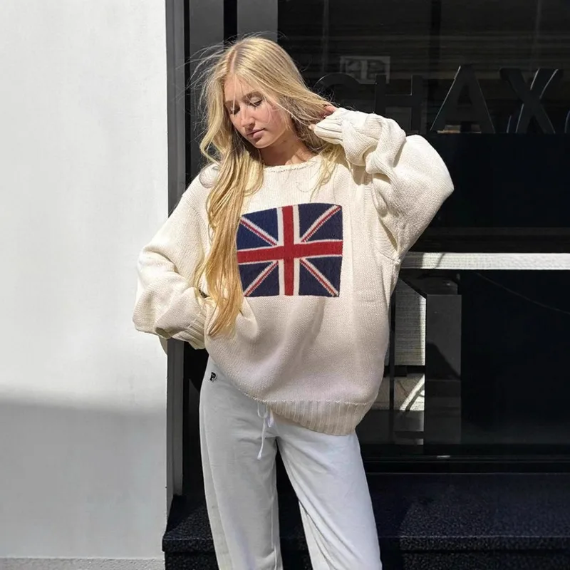 2025 New Women's American Flag Easter Knit Sweater Oversized Comfortable Loose Fit Round Neck Pullover for Independence Day