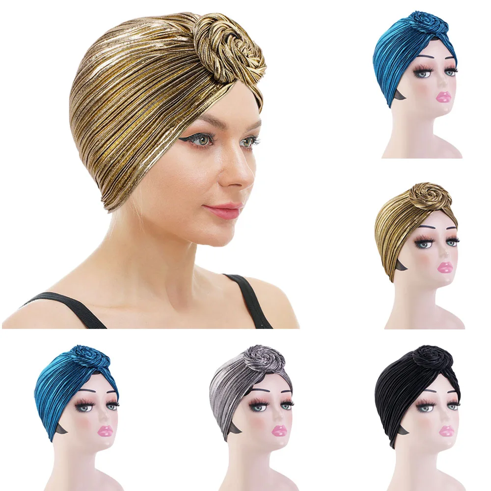 Brilho brilhante muçulmano feminino plissado hijab twist knot turbante bonnet bonés quimio perda de cabelo chapéu indiano headwrap femme capa