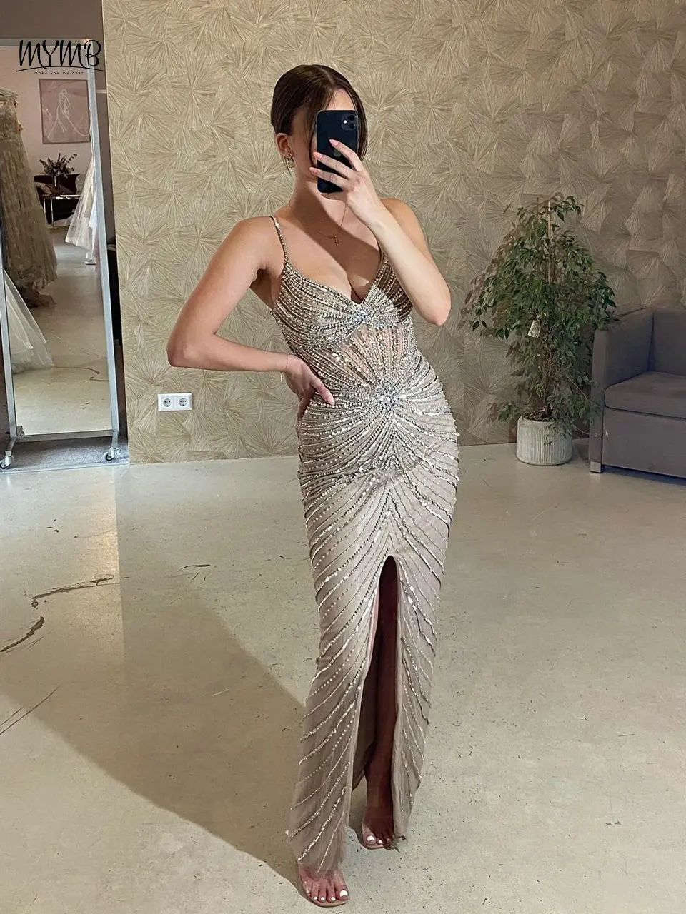 

MYMB Stylish Spaghetti Straps Champagne Beaded Prom Party Gowns Arabic New Arrival Mermaid High Split Evening Dresses for Women