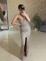 MYMB Stylish Spaghetti Straps Champagne Beaded Prom Party Gowns Arabic New Arrival Mermaid High Split Evening Dresses for Women