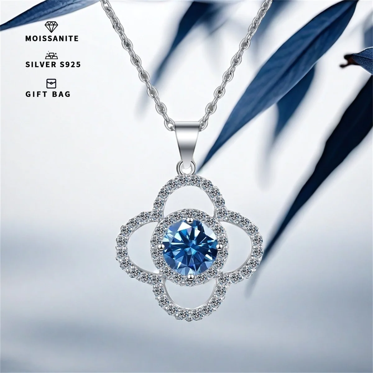 S925 silver Platinum plating inlaid with Blue GRA Moissanite Four-Leaf Clover round pendant,clavicle chain necklace for women