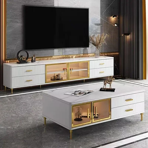 For NOVA White Media Console TV Stand Storage Cabinet Modern Luxury Living Room Home Furniture Wooden Coffee Table Set