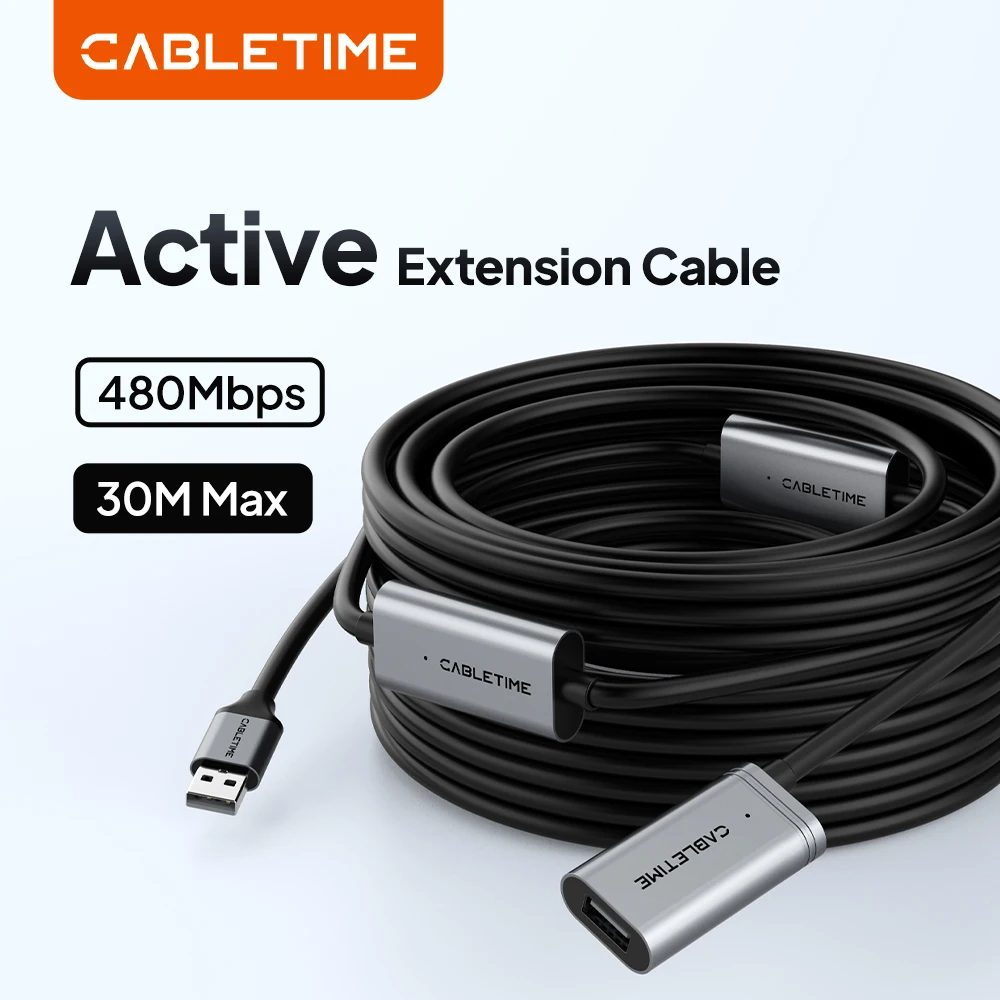 CABLETIME USB 2.0 Extension Cable Active Long Cable 480Mbps Fast Data Transfer USB C External Power Supply for Computer VR