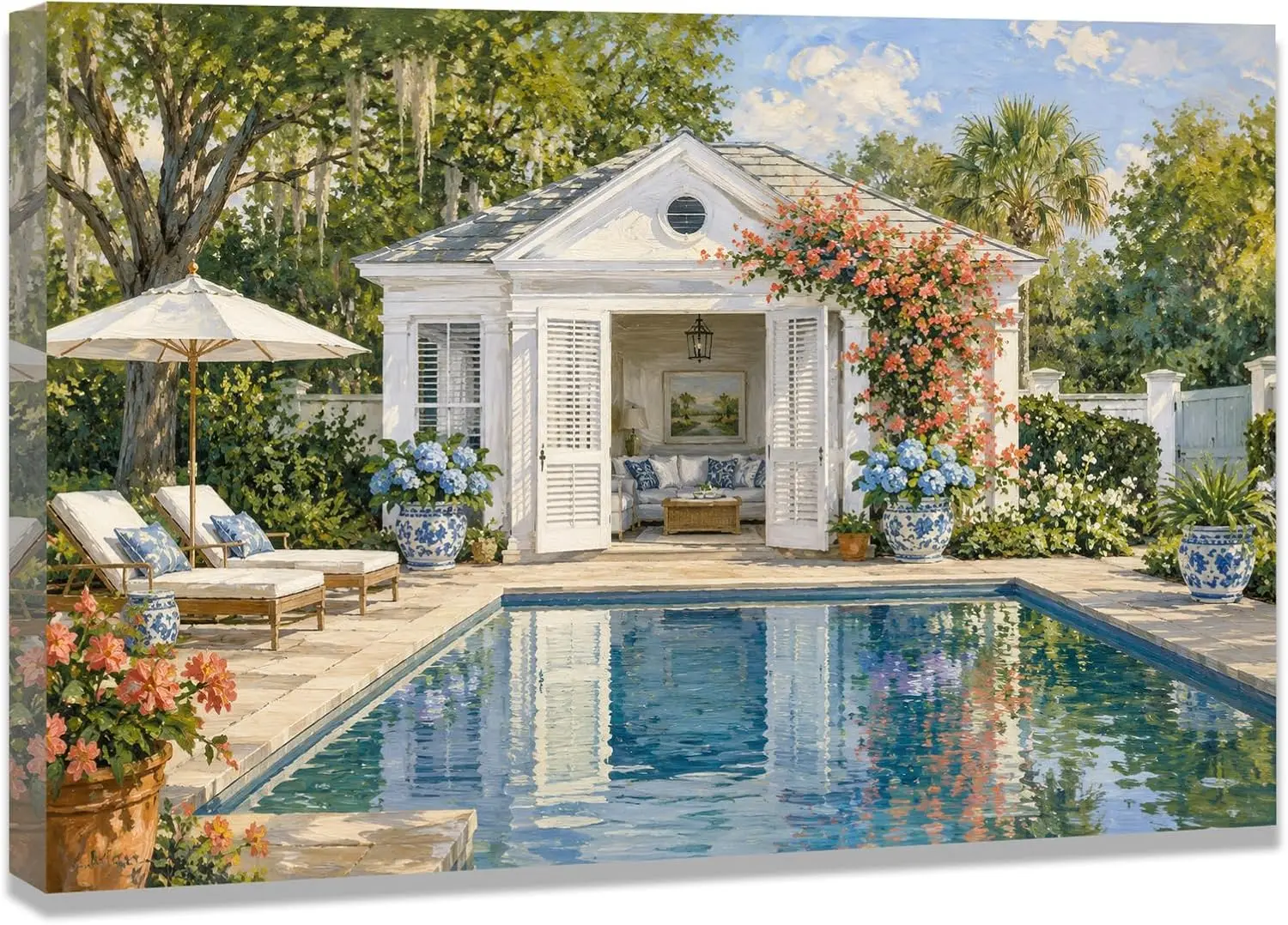 Canvas Wall Art, Southern Estate Poolside Garden Pavilion Decor in 30 x 20 Inch Size
