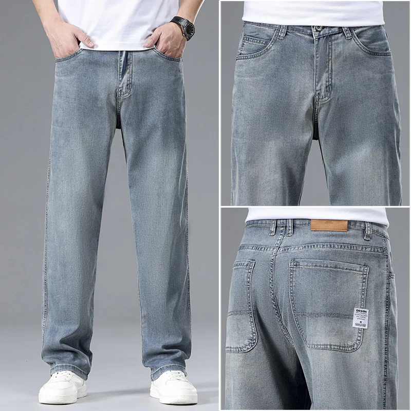 

Summer Ultra-thin Lyocell Men's Jeans Drape Soft Fabric Loose Straight Casual Denim Pants Elastic Ice Silk Male Trousers