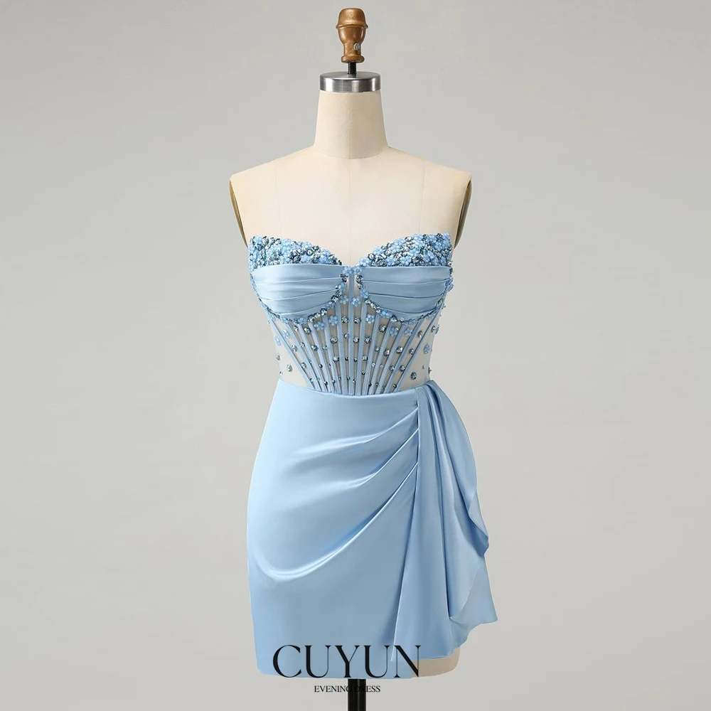 

CUYUN сексуальные атласные мини-платья для выпускного вечера с бисером, индивидуальные вечерние платья-футляры без бретелек, короткие платья для выпускного вечера в форме сердца