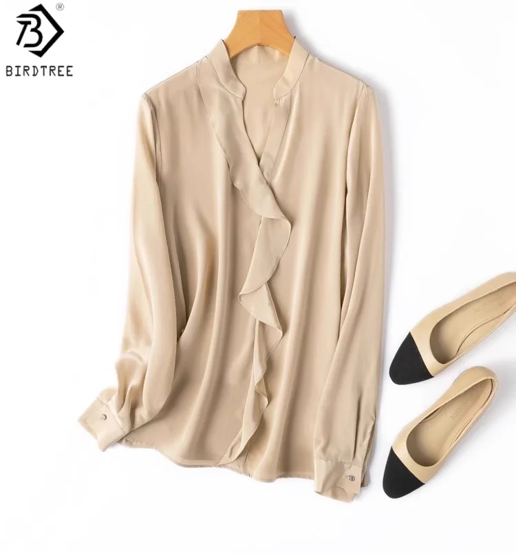

BirdTree Summer 100% Mulberry Silk Solid Color Shirt,Woman Double Crepe Full Sleeve V-neck Flounce Blouse,2025 New T56722JF