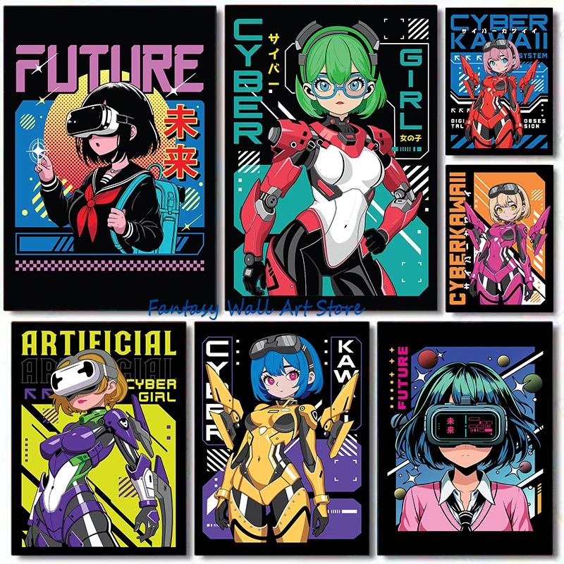 Anime Girl Kawaii Cute Sexy Future Cyber Punk Anime Girl Mecha Manga Y2k Style Poster Canvas Painting Wall Pictures Home Decor