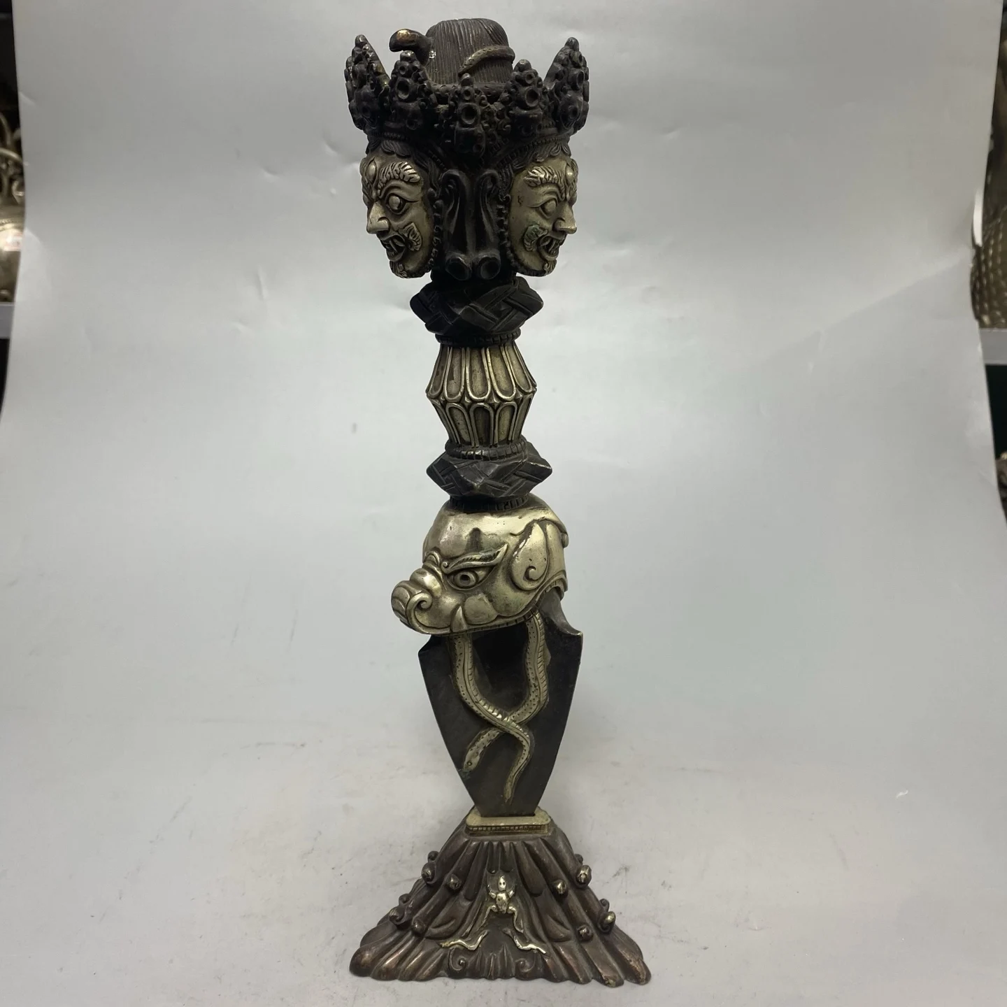 Old Bronze Gilded Silver Three Mahakala Buddha Heads Dorje Vajra Phurpa Lotus base Amass wealth Worship Hall Town house