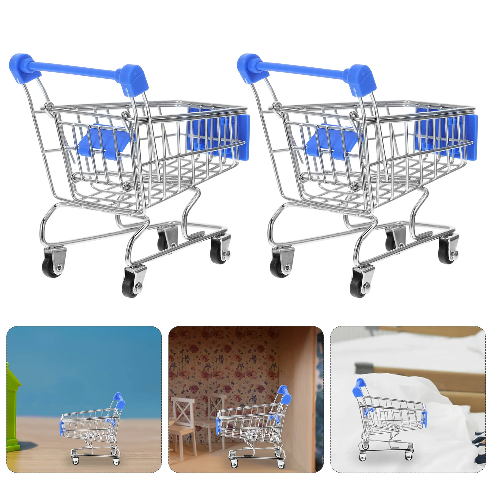 2 Pcs Mini Supermarket Shopping Cart Childs Trolley Kids Crafts Plastic Metal Baskets Grocery Toddler Child's Toy