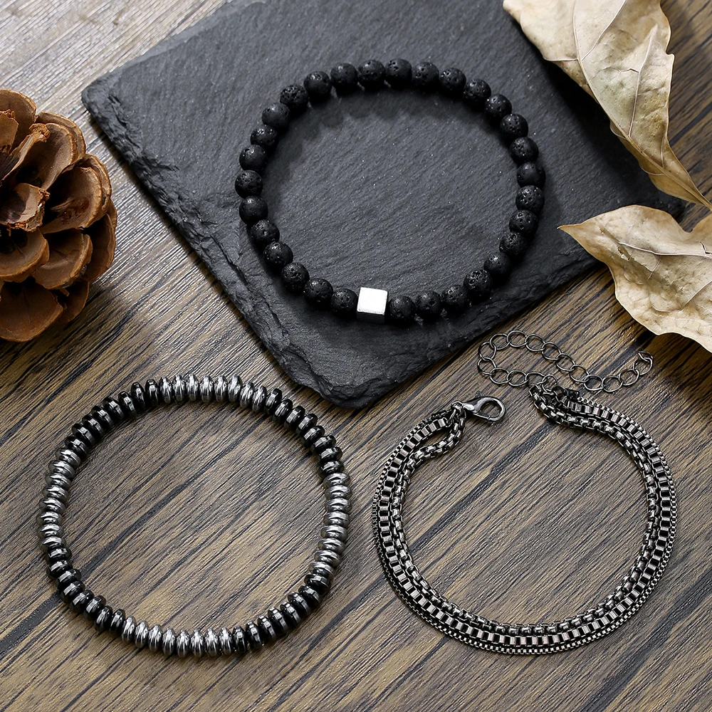 

3Pc/s Fashion Personality Volcanic Stone Black Gallstone Elastic Bracelet Combination Multi-Layer Men's Hip Hop Chain Bracelet